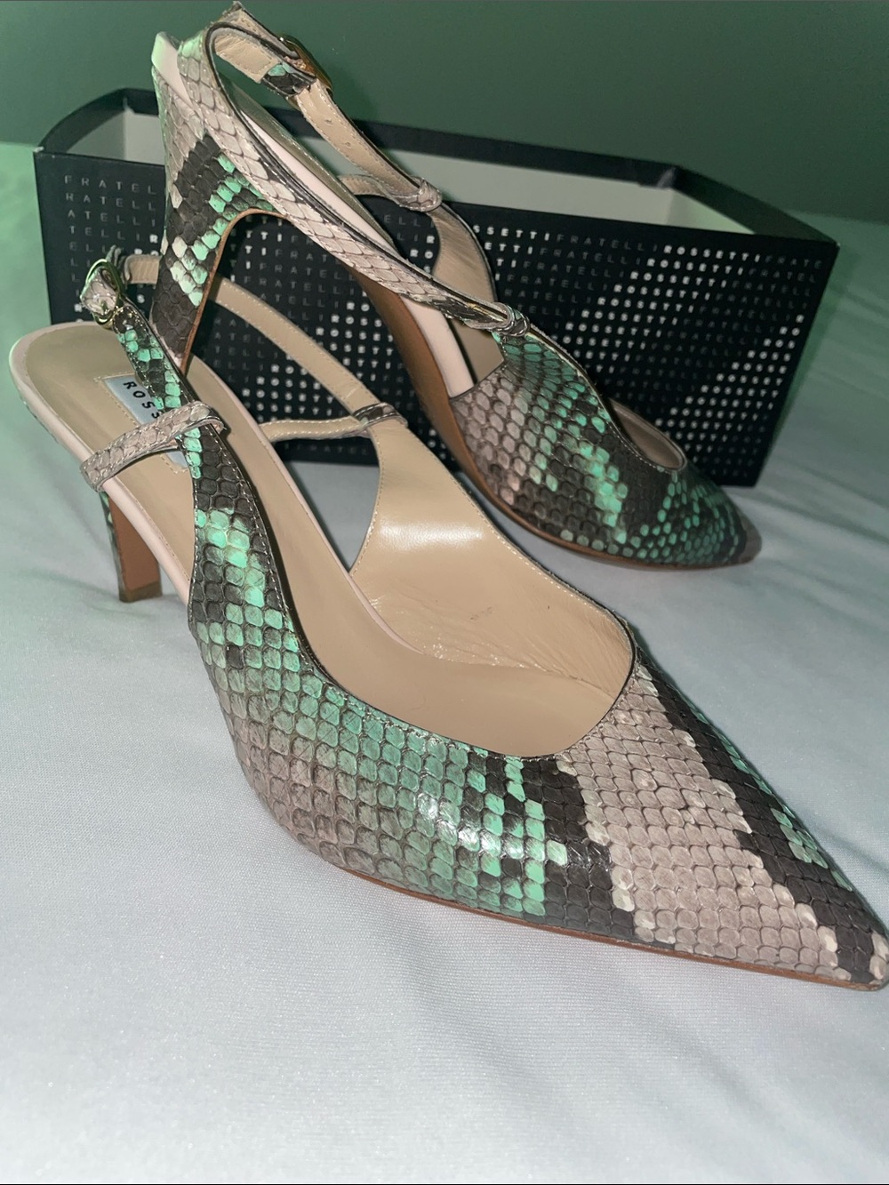 Fratelli Rossetti Mint & Taupe Snakeskin Pointed Slingback Heels